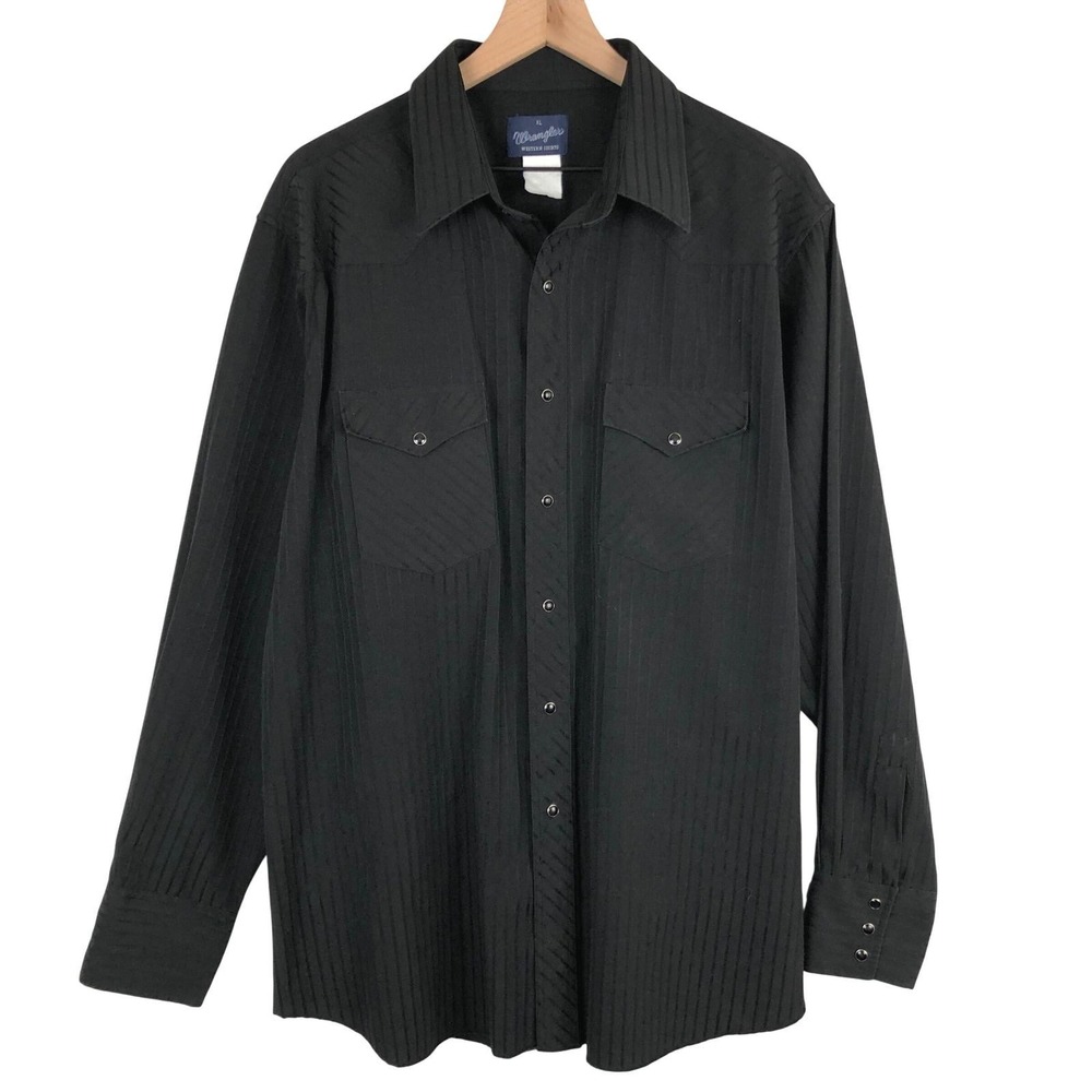 VTG WRANGLER Western Snap Shirt Men's Sz XL Black Shiny Shadow Stripe L/S Cowboy